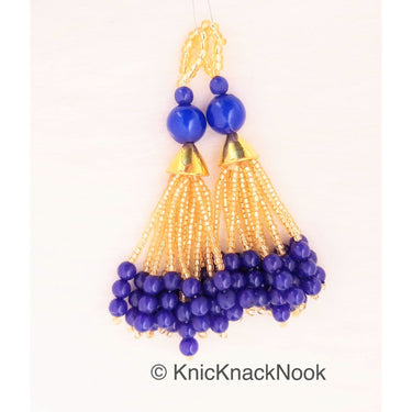 Blue and Gold Beads Tassels Latkan, Indian Latkans, Gold Beaded Danglers